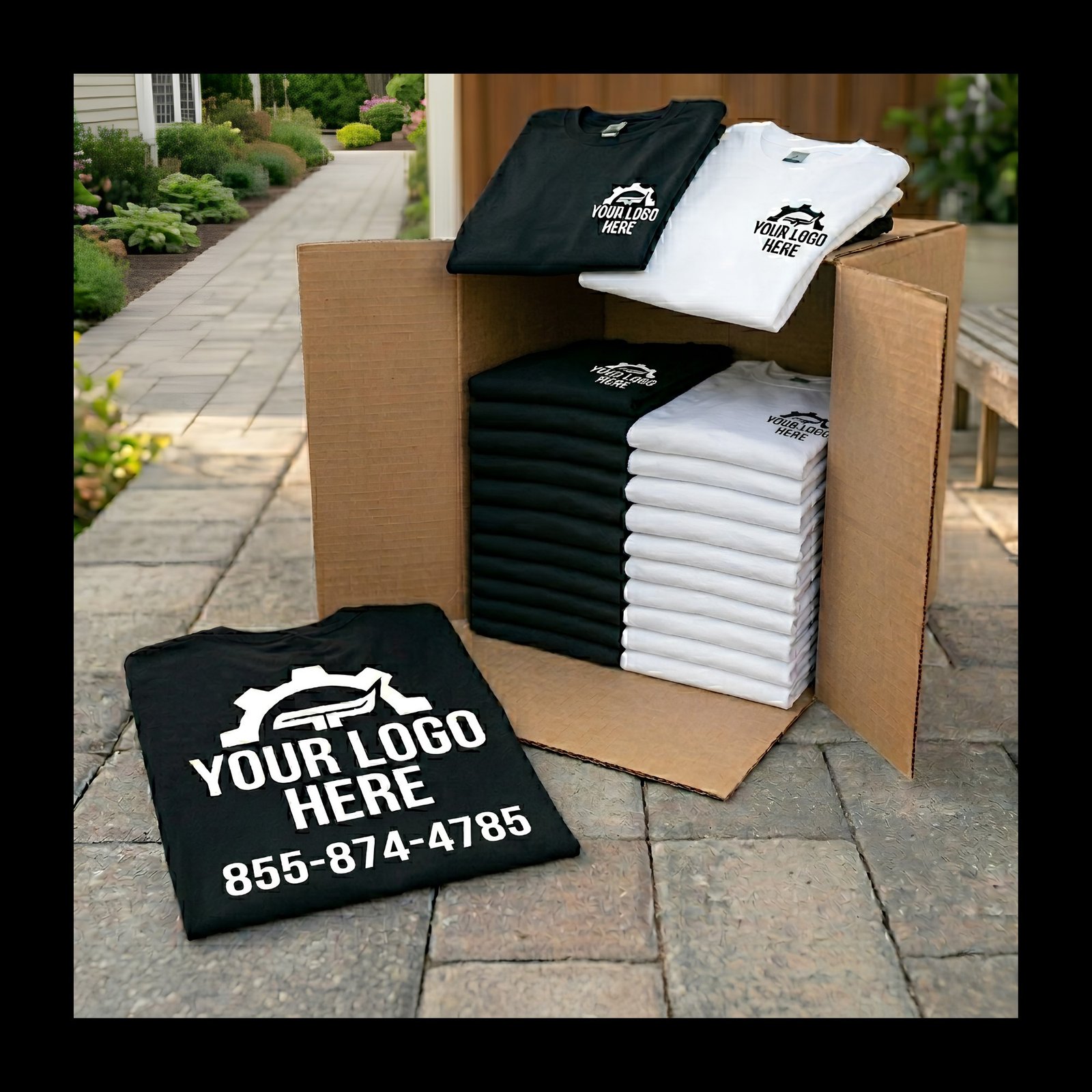 A box of 24 folded custom-printed t-shirts in black and white, ready to ship